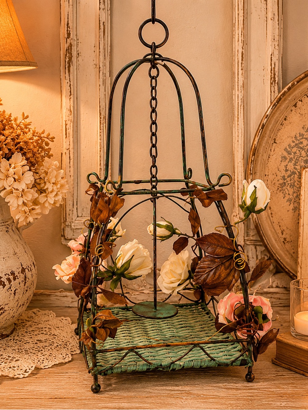 Pottery Barn Floral Hanging Basket Rustic Shabby Chic Cottage Decor